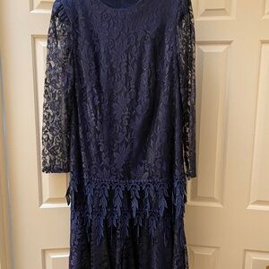 David Rose Navy Blue Lace Floral Knee Length Dress Fringe Accent Size 14-1/2